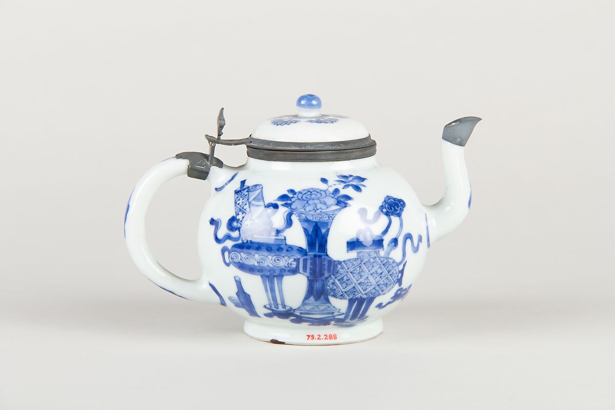 Ewer with archaistic vessels, Porcelain painted in underglaze cobalt blue (Jingdezhen ware), metal mounts, China