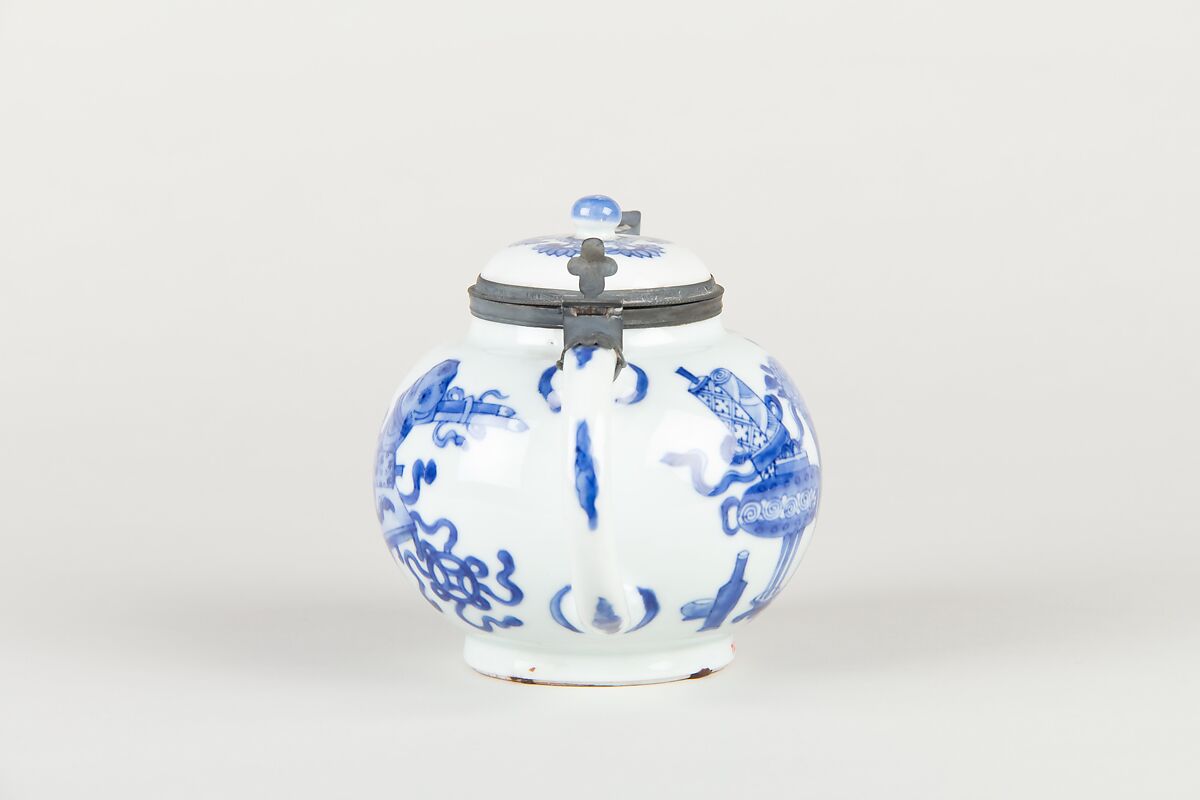 Ewer with archaistic vessels, Porcelain painted in underglaze cobalt blue (Jingdezhen ware), metal mounts, China