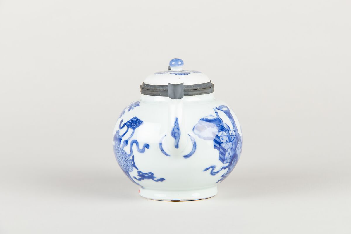 Ewer with archaistic vessels, Porcelain painted in underglaze cobalt blue (Jingdezhen ware), metal mounts, China