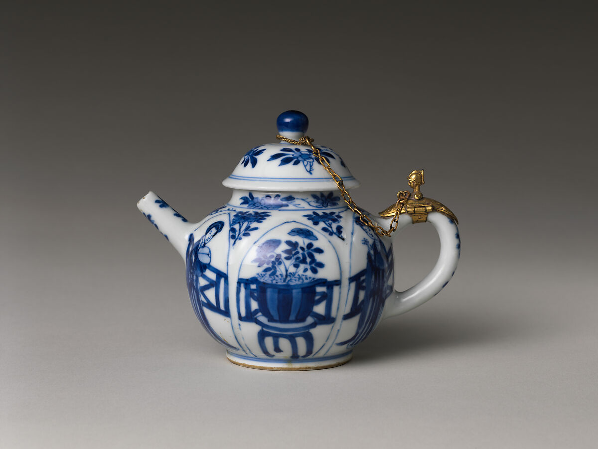 Teapot, Porcelain painted with cobalt blue under transparent glaze (Jingdezhen ware); European mount, China 