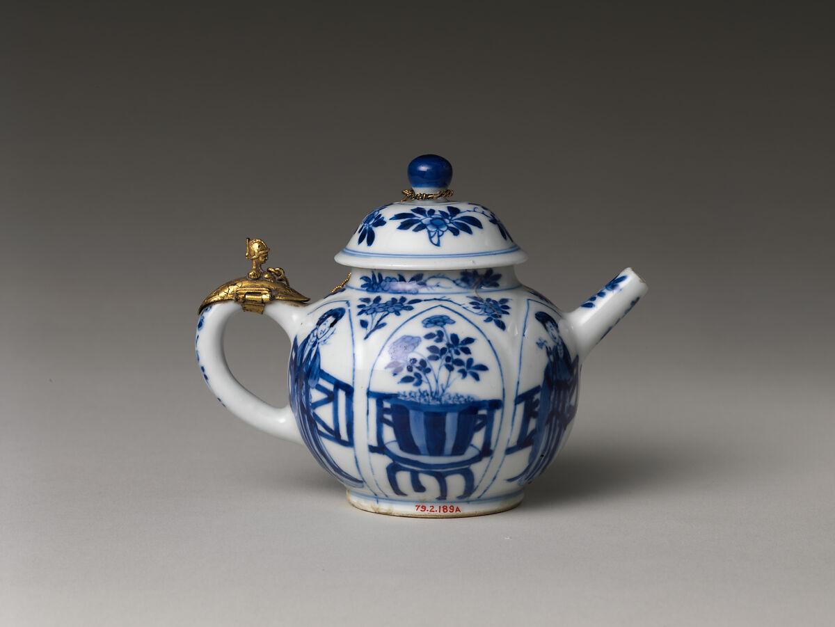 Teapot, Porcelain painted with cobalt blue under transparent glaze (Jingdezhen ware); European mount, China