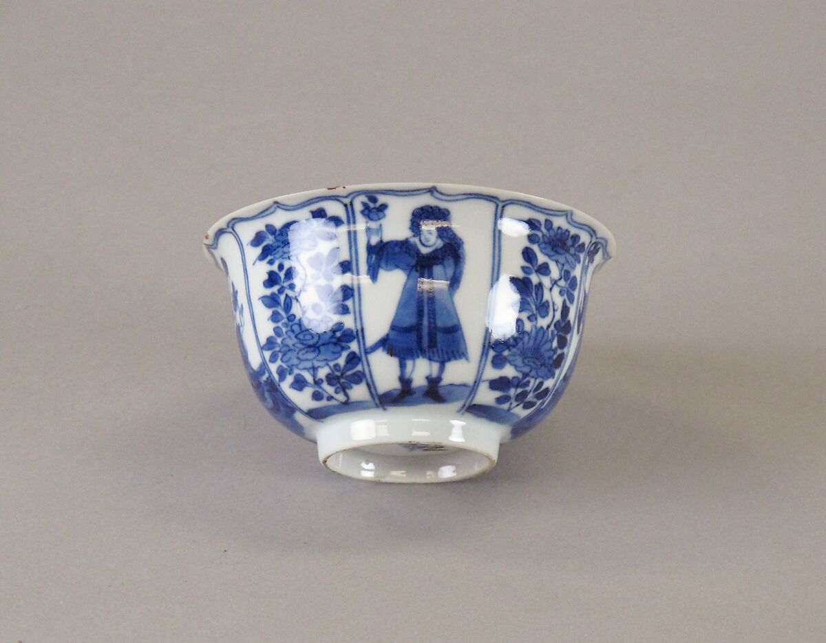 Cup with women and flowers, Porcelain painted in underglaze blue, China