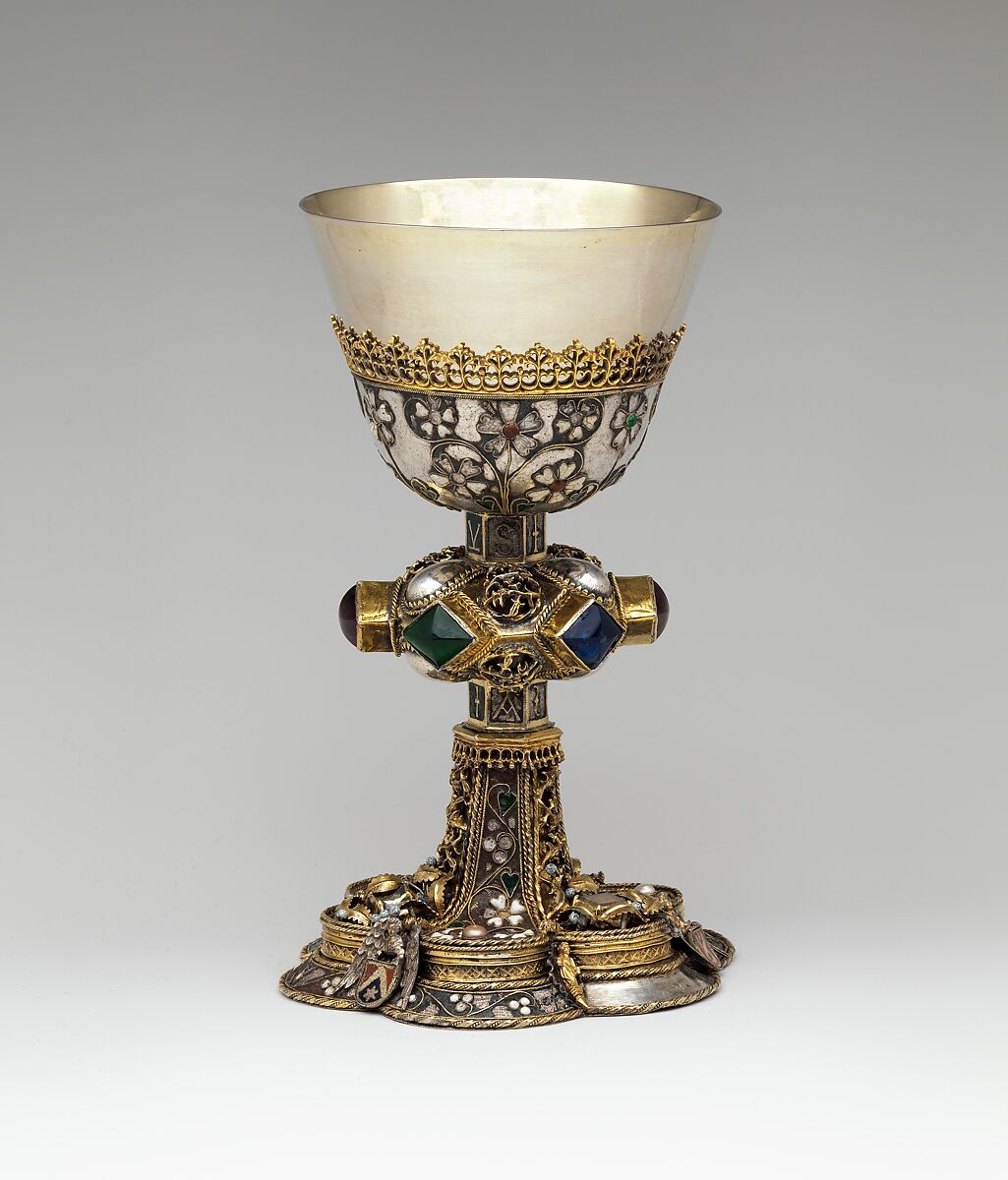 Chalice, Silver, partly gilded, glass, semiprecious stones(?), with filigree and other enameling, Central European 