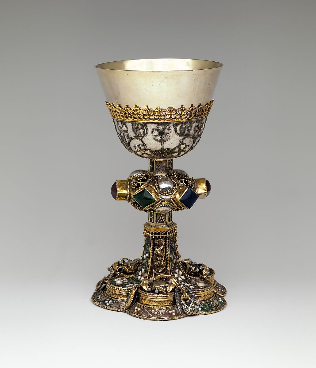 Chalice, Silver, partly gilded, glass, semiprecious stones(?), with filigree and other enameling, Central European