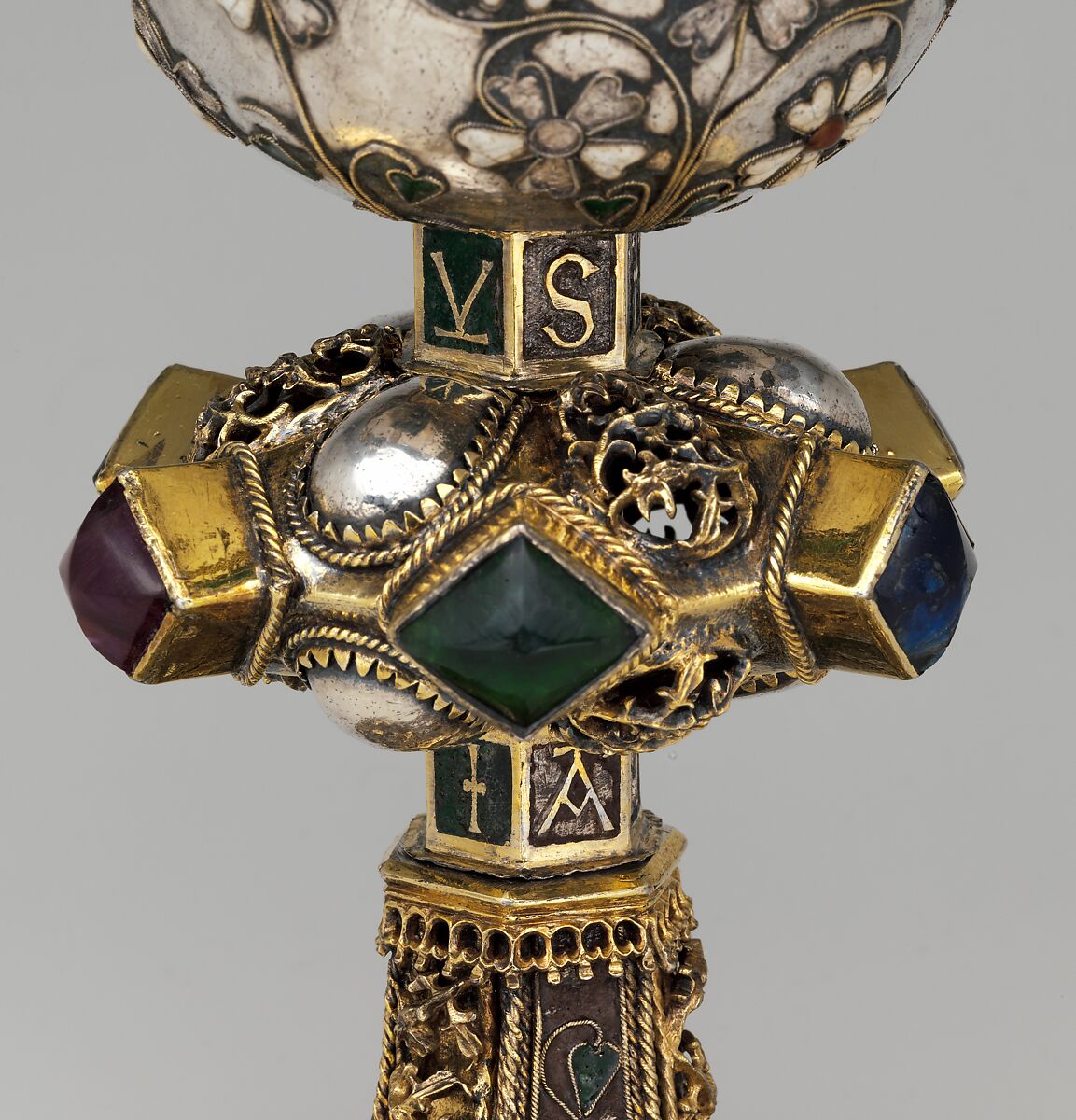 Chalice, Silver, partly gilded, glass, semiprecious stones(?), with filigree and other enameling, Central European