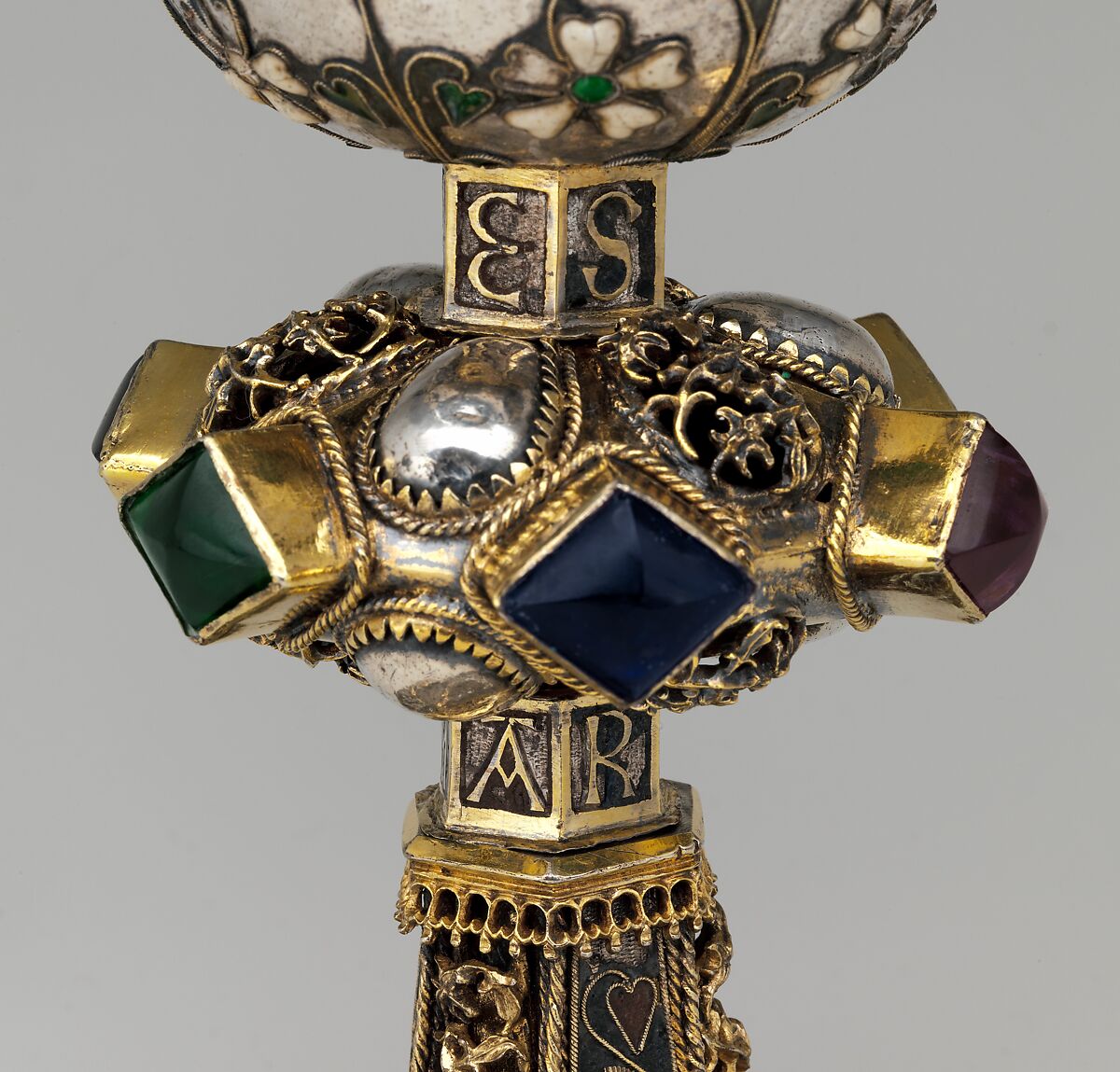 Chalice, Silver, partly gilded, glass, semiprecious stones(?), with filigree and other enameling, Central European