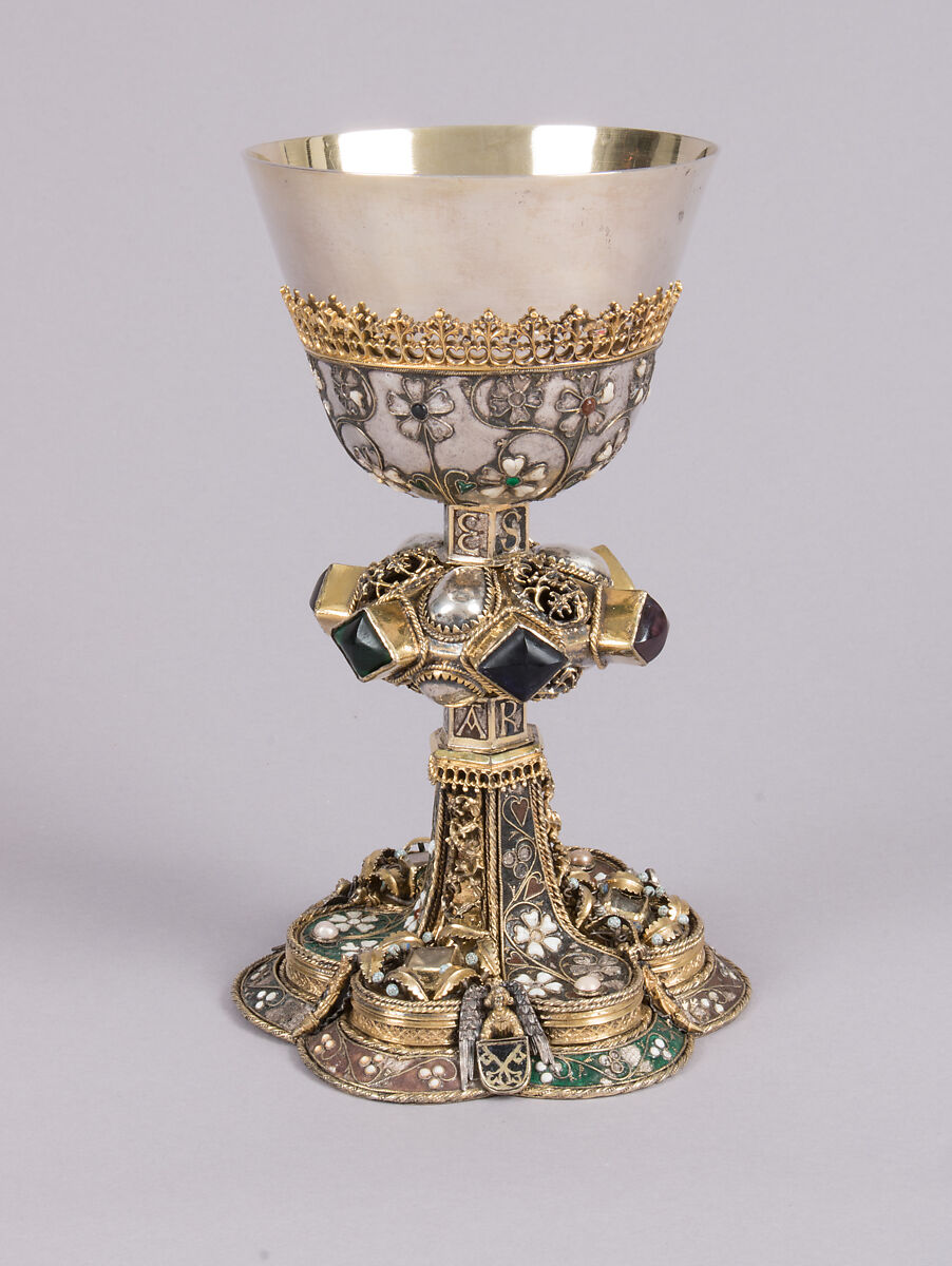 Chalice, Silver, partly gilded, glass, semiprecious stones(?), with filigree and other enameling, Central European