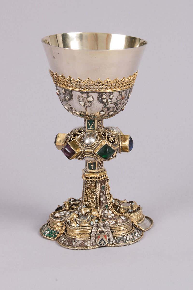 Chalice, Silver, partly gilded, glass, semiprecious stones(?), with filigree and other enameling, Central European