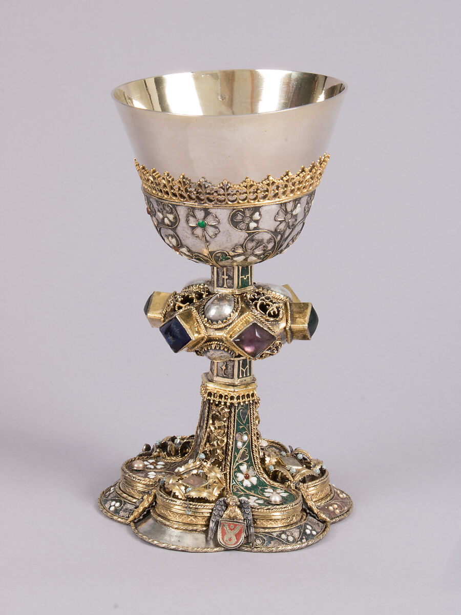 Chalice, Silver, partly gilded, glass, semiprecious stones(?), with filigree and other enameling, Central European