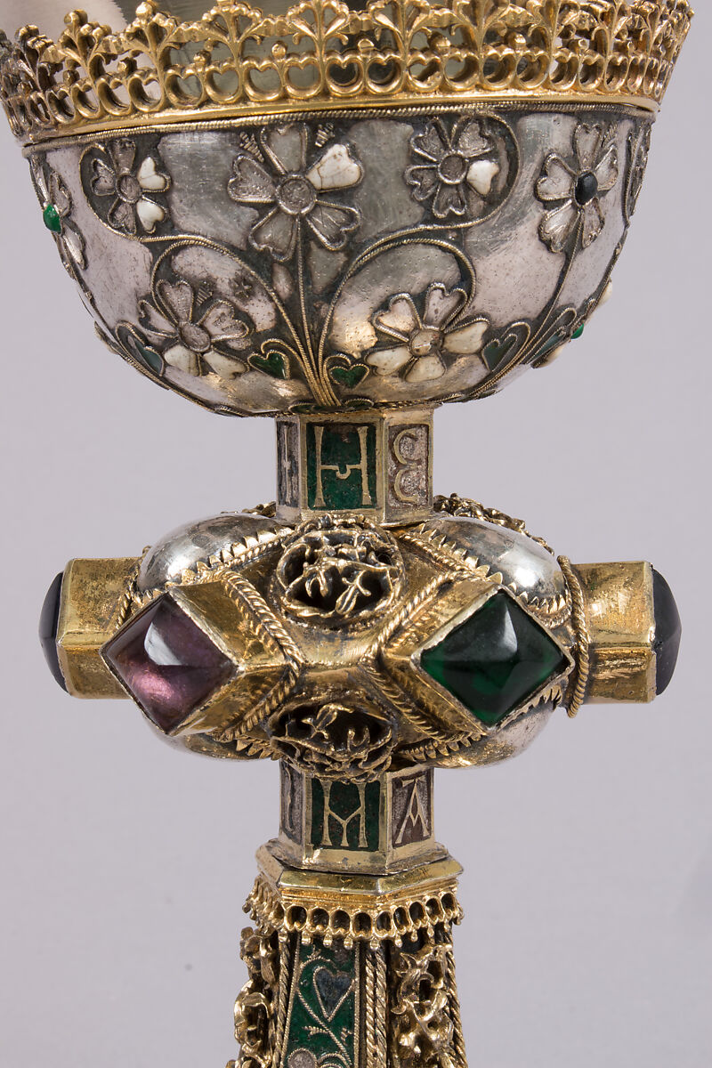 Chalice, Silver, partly gilded, glass, semiprecious stones(?), with filigree and other enameling, Central European