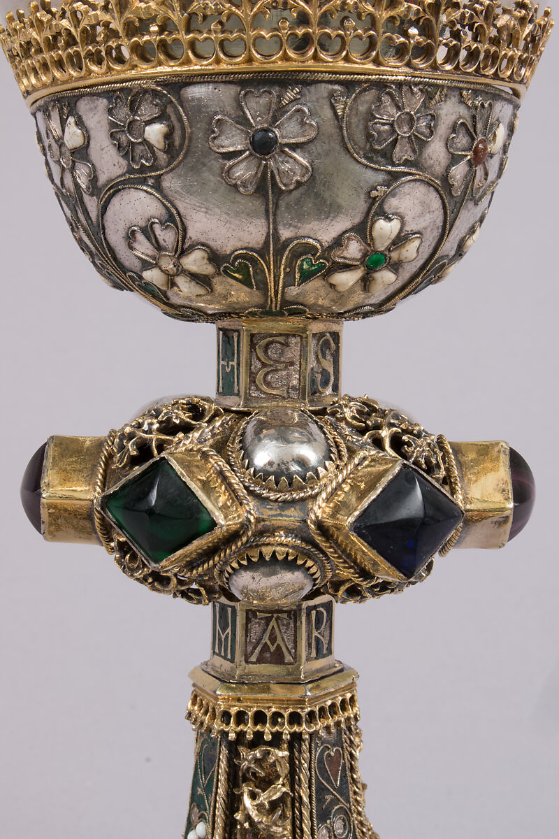 Chalice, Silver, partly gilded, glass, semiprecious stones(?), with filigree and other enameling, Central European