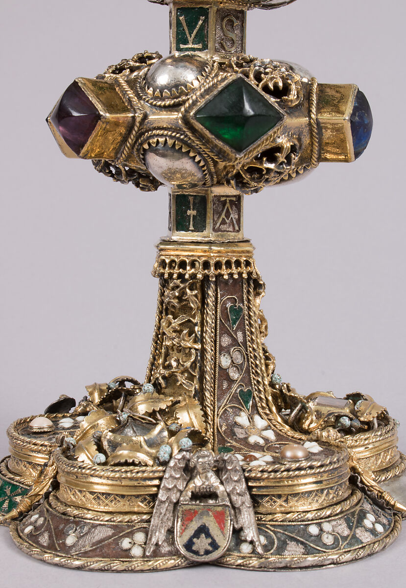 Chalice, Silver, partly gilded, glass, semiprecious stones(?), with filigree and other enameling, Central European