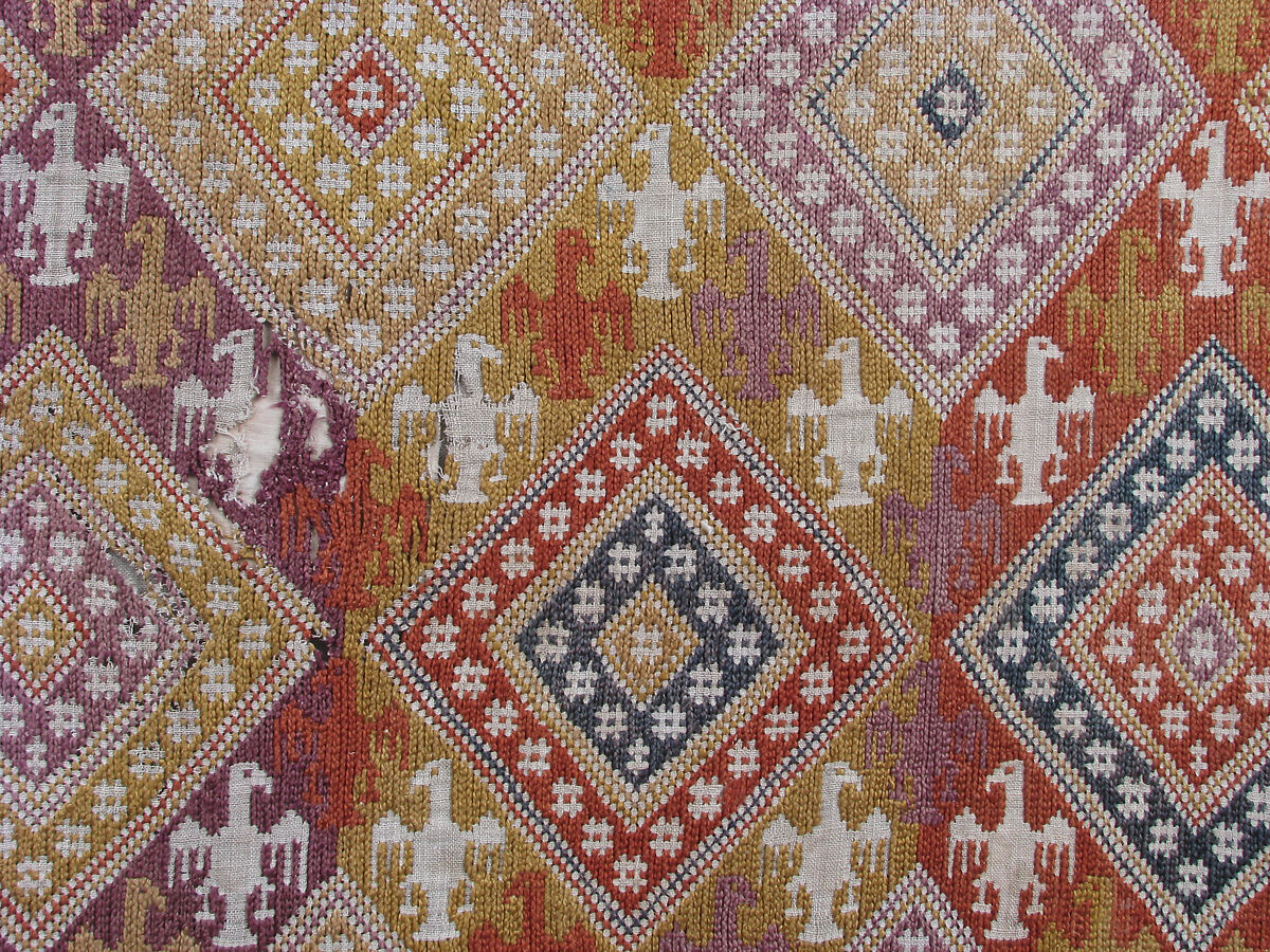 Embroidery Fragment, Silk embroidery on linen plain weave, Swiss