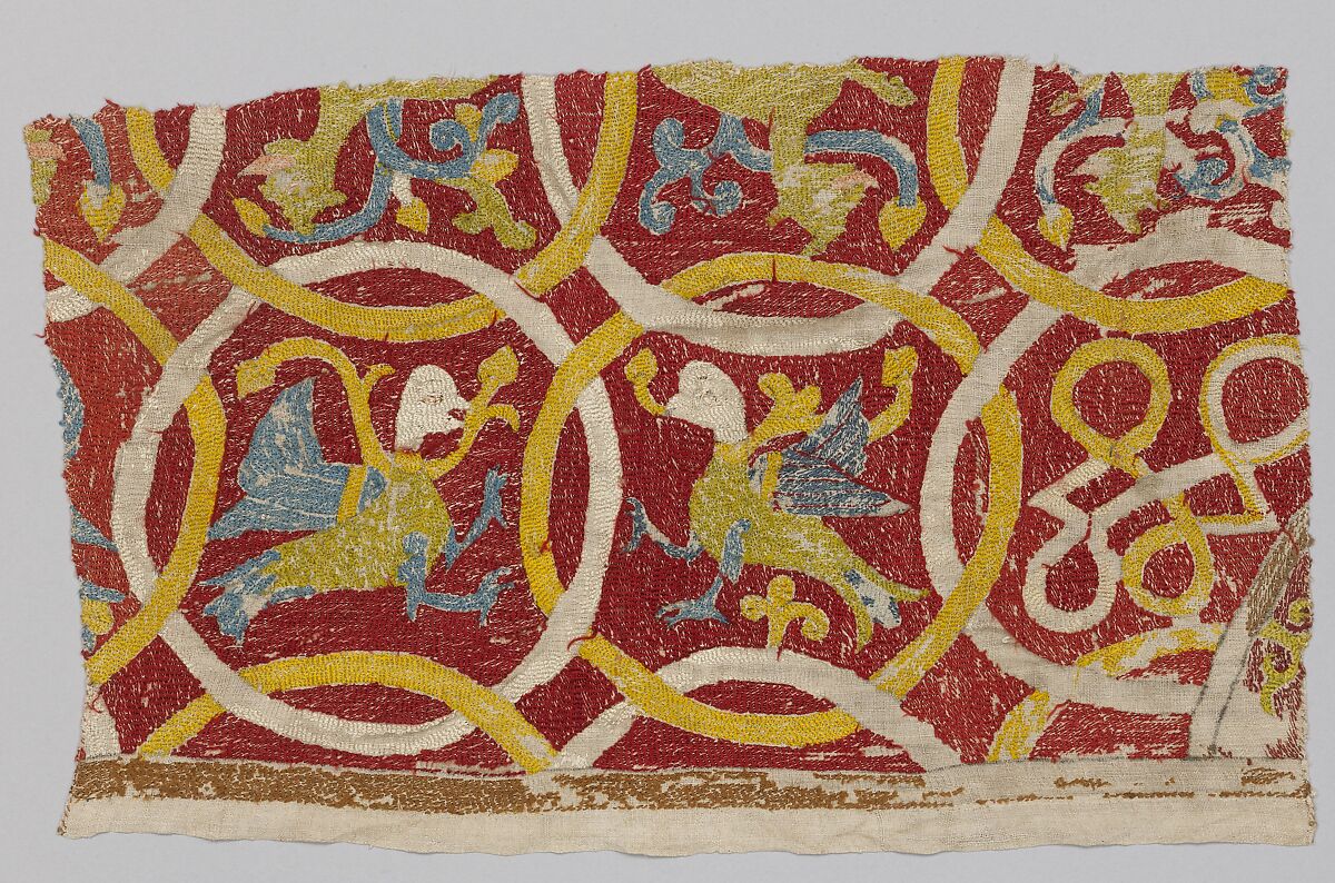 Embroidery Fragment, Silk embroidery on linen plain weave, Swiss