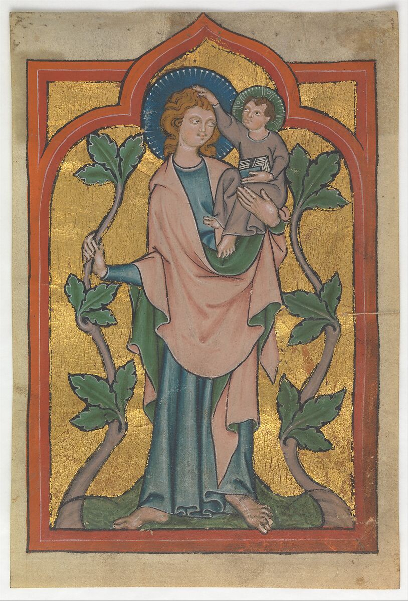 Manuscript Leaf with Saint Christopher Bearing Christ, Tempera and gold on parchment, German or Swiss 