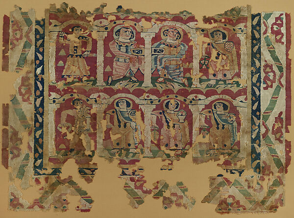 Fragments of a Wall Hanging with Figures in Elaborate Dress, Tapestry weave in polychrome wool 