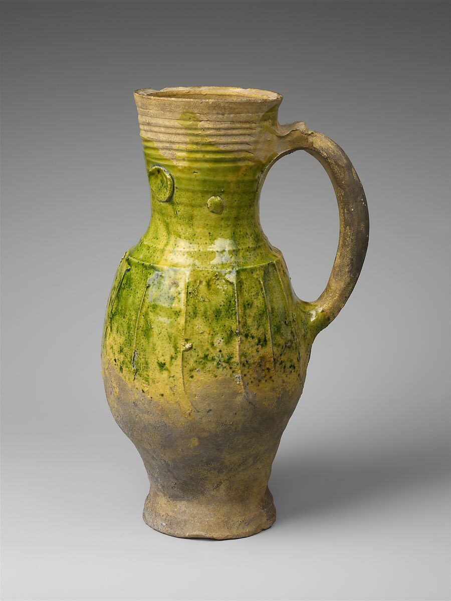 Pitcher, Earthenware, partially covered with a green lead glaze, French 