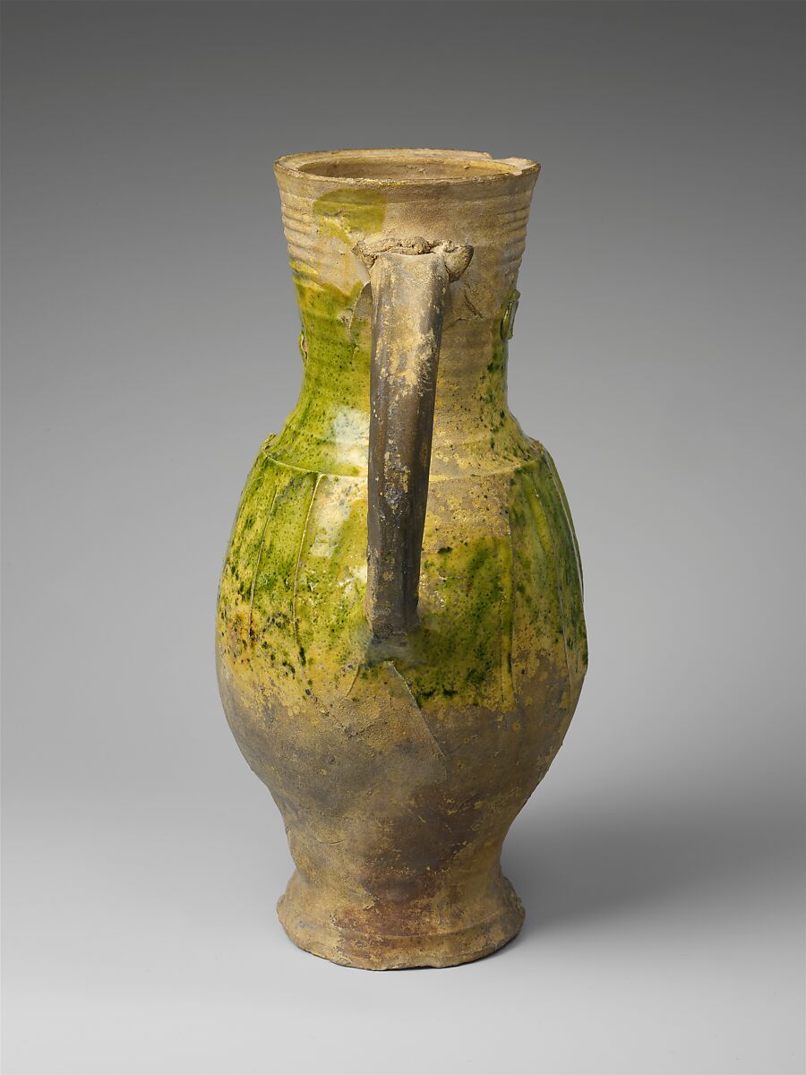 Pitcher, Earthenware, partially covered with a green lead glaze, French