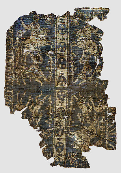 Fragment of a Band with Noble Equestrian and Soldier, Inscribed “Joseph” in Greek or Coptic, Weft-faced compound twill ( samit ) in blue-violet and beige silk 