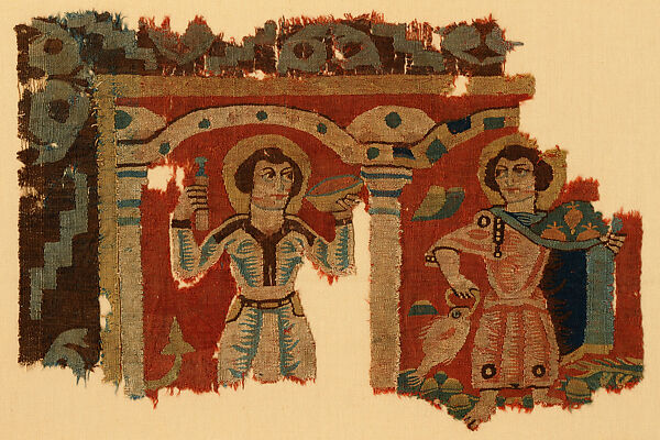 Fragment of a Wall Hanging with Figures in Elaborate Dress, Tapestry weave in polychrome wool 