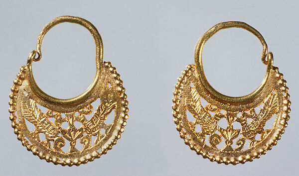 Pair of Crescent-Shaped Earrings with Peacocks, Gold 