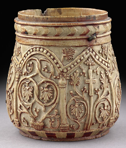 Pyxis with Crosses and Vine Scrolls, Ivory with red paint added later 