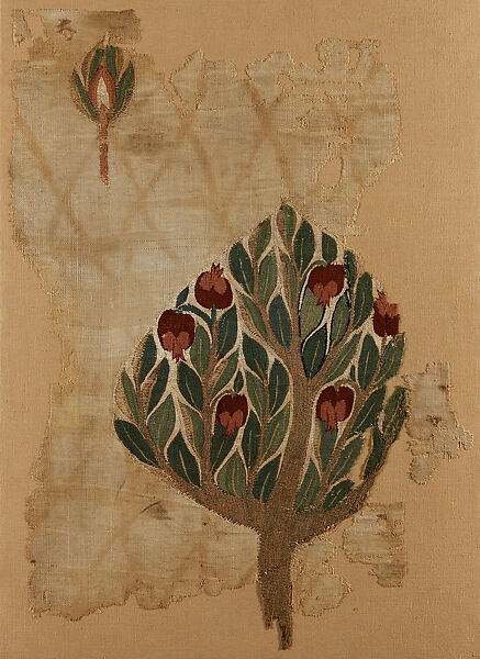 Textile Fragment with Tree, Tapestry weave in polychrome wool and undyed linen on plain-weave ground of undyed linen 