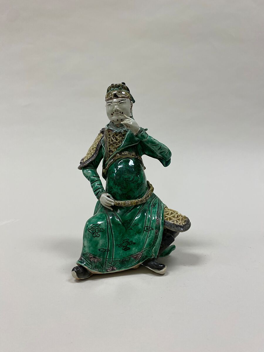 Figure of Guan Yu, a guardian deity, Biscuit with polychrome enamels (Jingdezhen ware), China 