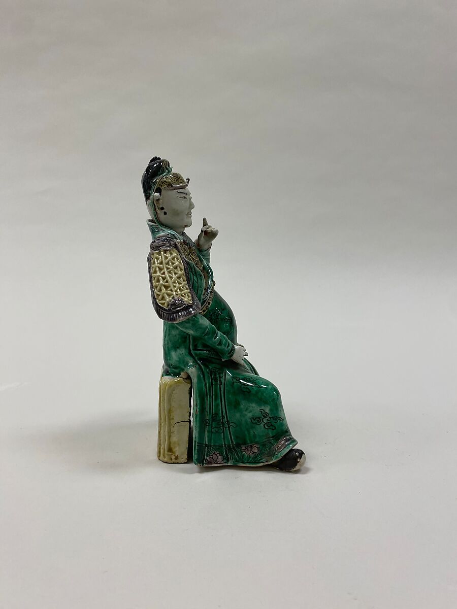Figure of Guan Yu, a guardian deity, Biscuit with polychrome enamels (Jingdezhen ware), China