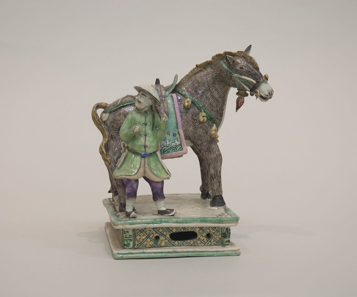 Figure of a donkey and attendent, Porcelain with polychrome enamels painted over the biscuit (Jingdezhen ware), China 