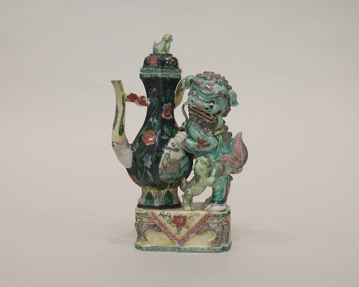 Ewer with a lion-formed handle, Porcelain painted with polychrome enamels over the biscuit (Jingdezhen ware), China 