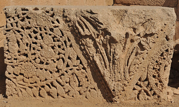 Fragment Carved with Vine Scroll and a Triangle Trimmed with Bead-and-Reel Motif, Limestone, carved 