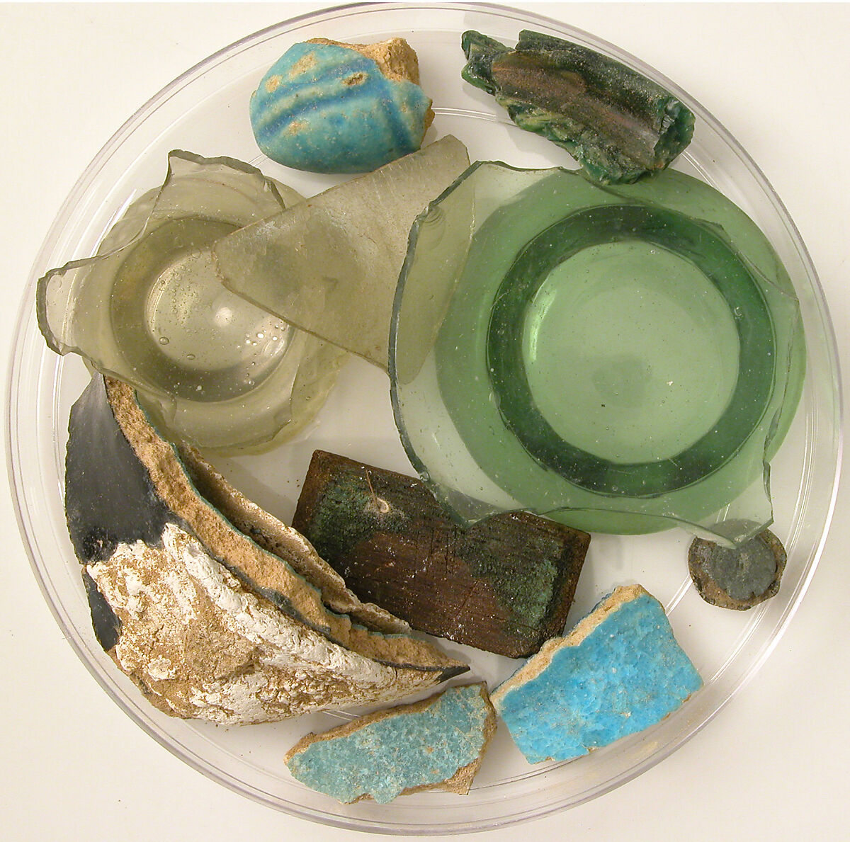 Fragments, Glass, wood, copper alloy, mortar and glazed earthenware (faience), Coptic 