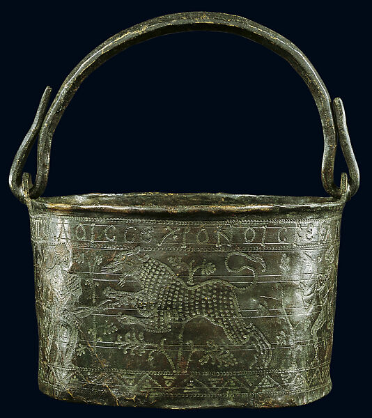 Bucket with a Hunting Scene, Brass, hammered, lathe-turned, chased, and ring-punched; handle cast separately and hammered into shape 