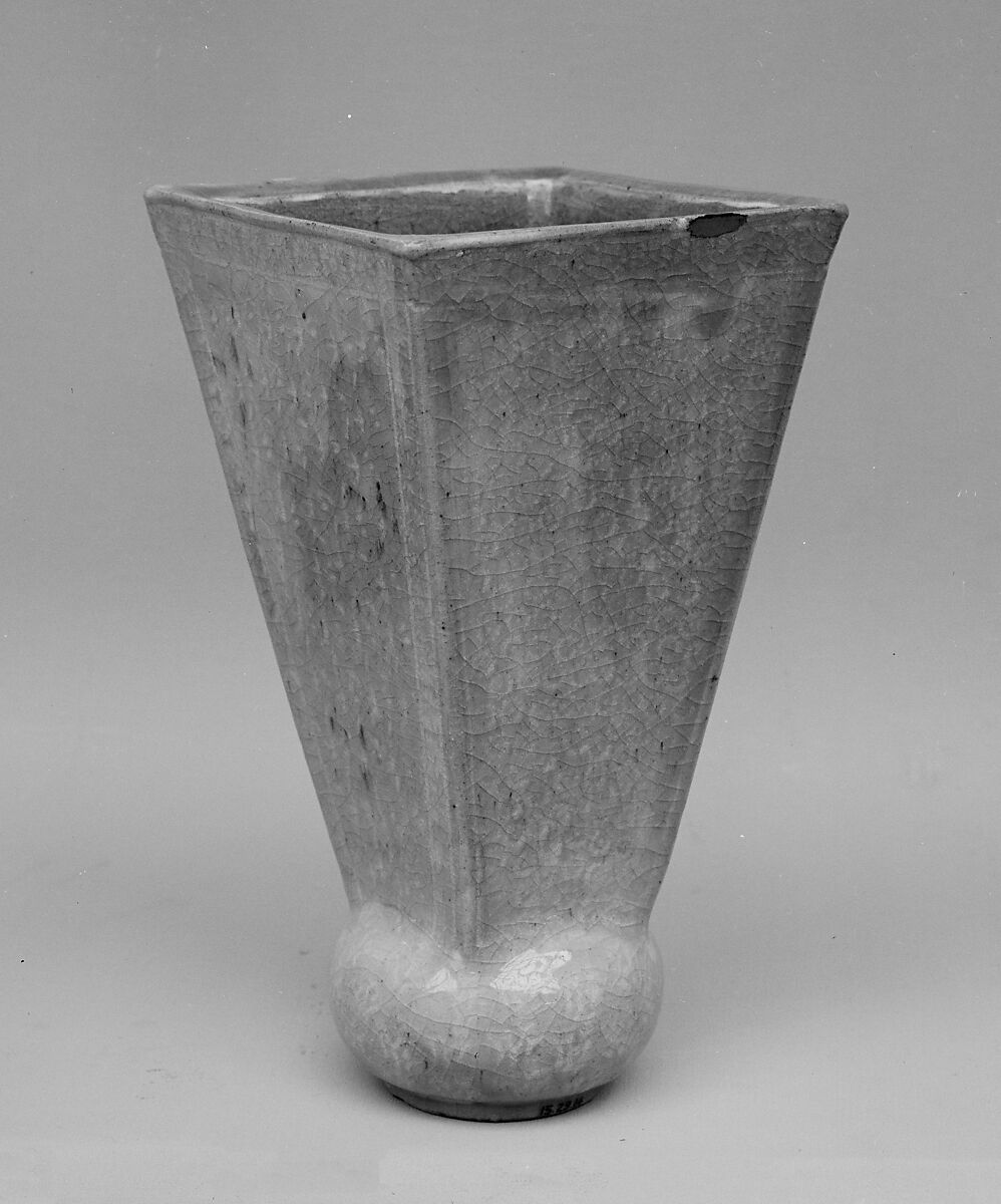 Vase, Clay with an inlaid design of white slip and touches of blue under a glaze clouded with white; (Korai type), Japan 
