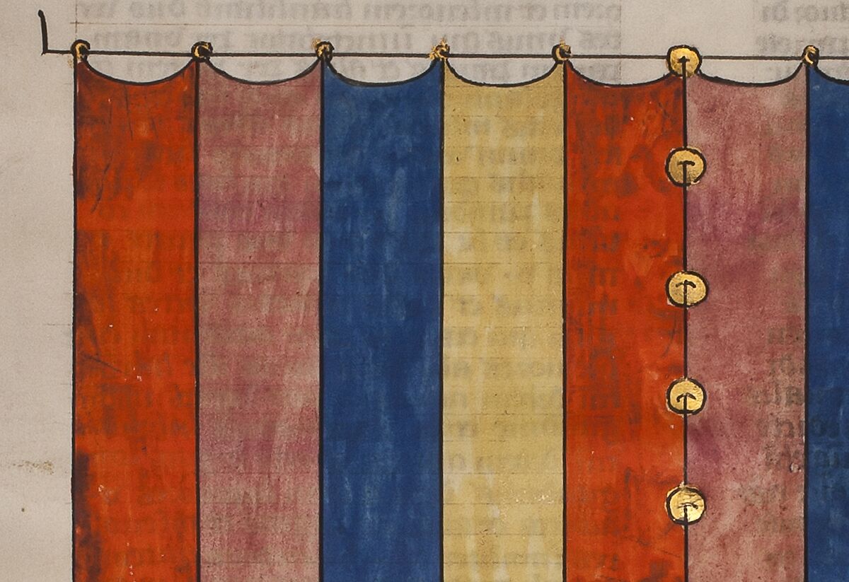 Curtain of the Tabernacle, one of six illustrated leaves from the Postilla Litteralis (Literal Commentary) of Nicholas of Lyra, Opaque watercolor, iron-gall ink and gold on vellum, French