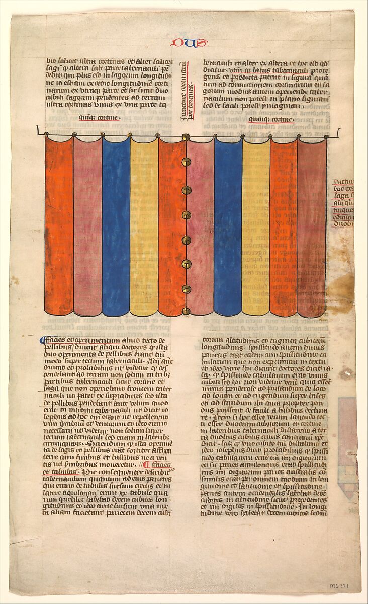 Curtain of the Tabernacle, one of six illustrated leaves from the Postilla Litteralis (Literal Commentary) of Nicholas of Lyra, Opaque watercolor, iron-gall ink and gold on vellum, French 