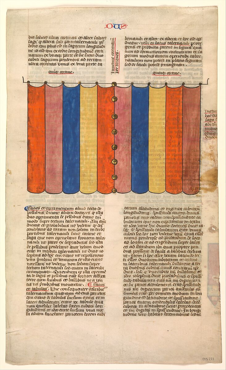 Curtain of the Tabernacle, one of six illustrated leaves from the Postilla Litteralis (Literal Commentary) of Nicholas of Lyra, Opaque watercolor, iron-gall ink and gold on vellum, French