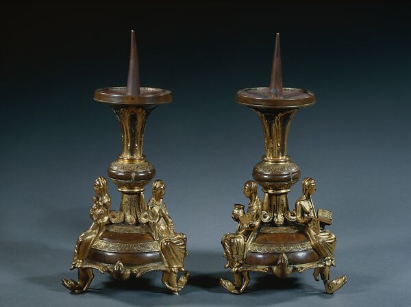 Pair of Altar Candlesticks, Cast copper alloy, engraved, chiseled, and gilded, with niello (?) and traces of silver, Mosan region 