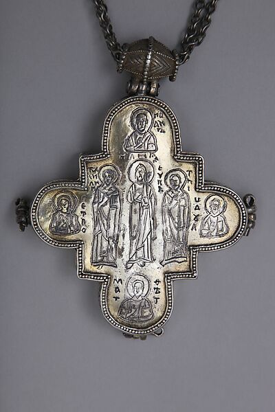 Reliquary Cross, Silver with traces of gilding, niello, granulated hinge, and a pearl, Byzantine or Russian 