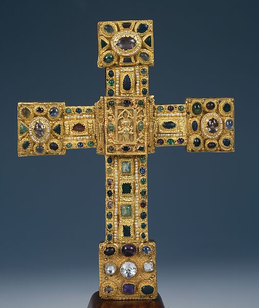 Hezilo Cross, Gold, copper, pearls, and gems; wood core covered with silk, German (Hildesheim) 