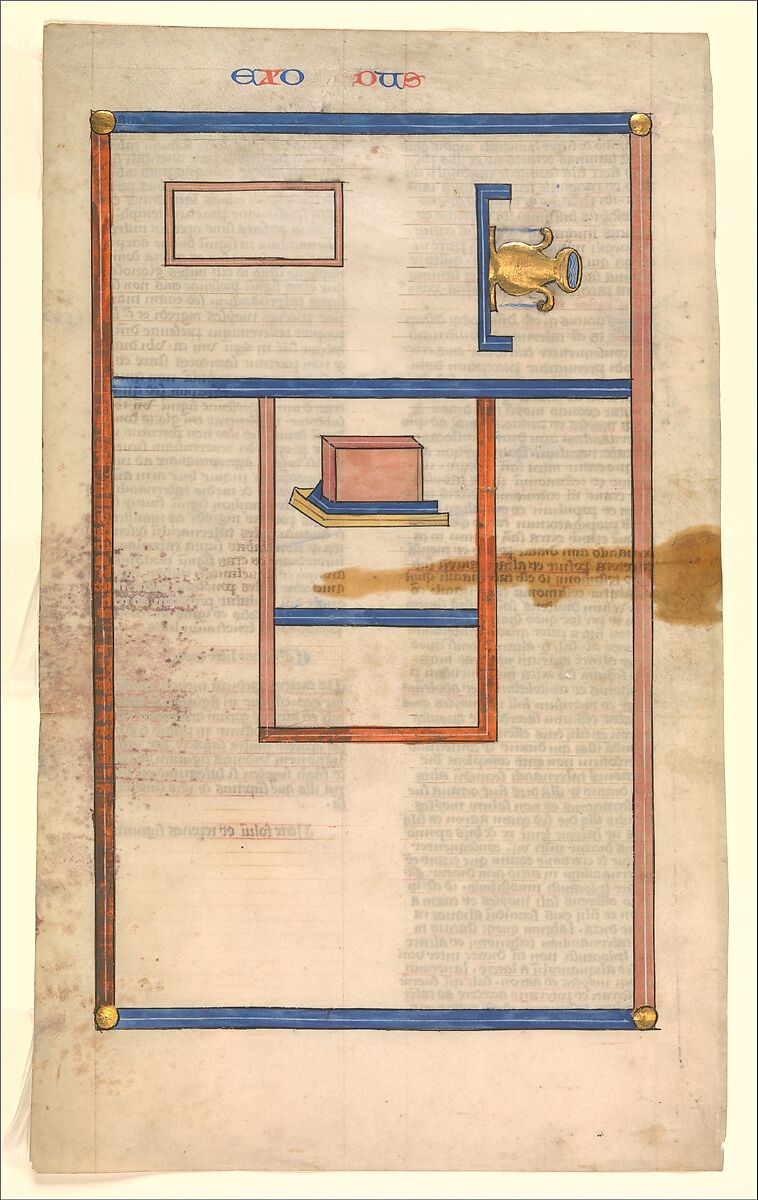 Floor Plan of the Tabernacle, one of six illustrated leaves from the Postilla Litteralis (Literal Commentary) of Nicholas of Lyra, Opaque watercolor, iron-gall ink and gold on vellum, French 