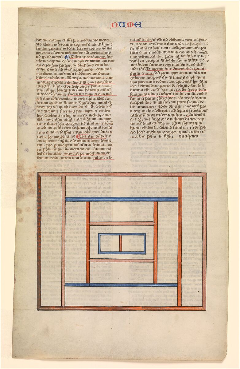 Arrangement of the Levite Camps around the Tabernacle, one of six illustrated leaves from the Postilla Litteralis (Literal Commentary) of Nicholas of Lyra, Opaque watercolor, iron-gall ink and gold on vellum, French 