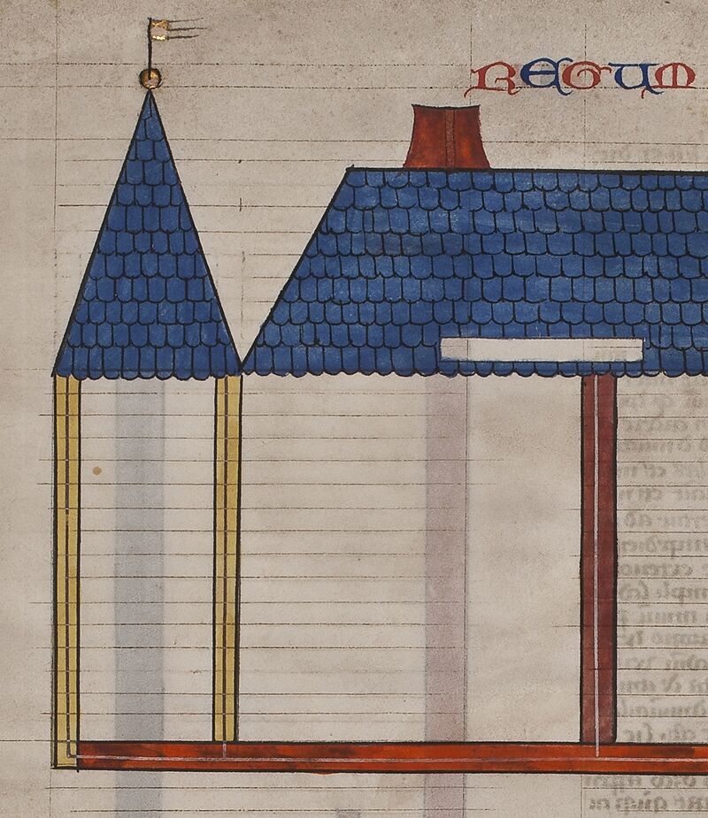 Elevation of Solomon's Temple, one of six illustrated leaves from the Postilla Litteralis (Literal Commentary) of Nicholas of Lyra, Opaque watercolor, iron-gall ink and gold on vellum, French