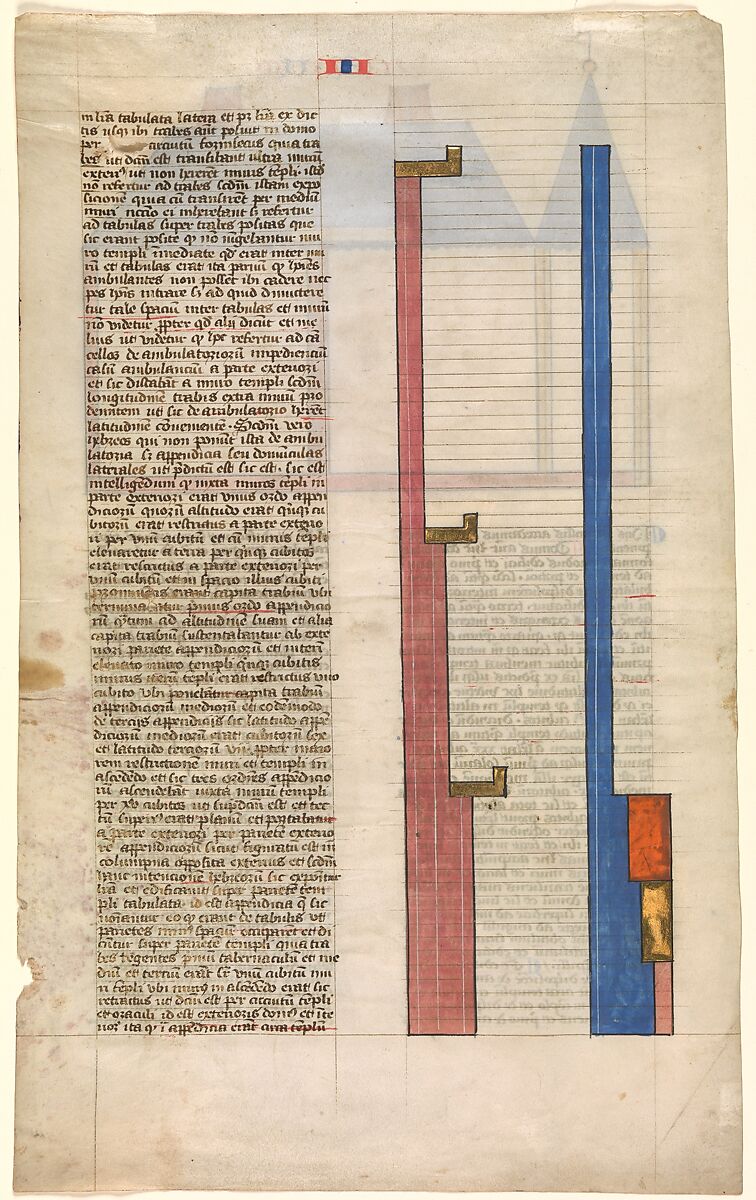 Elevation of Solomon's Temple, one of six illustrated leaves from the Postilla Litteralis (Literal Commentary) of Nicholas of Lyra, Opaque watercolor, iron-gall ink and gold on vellum, French
