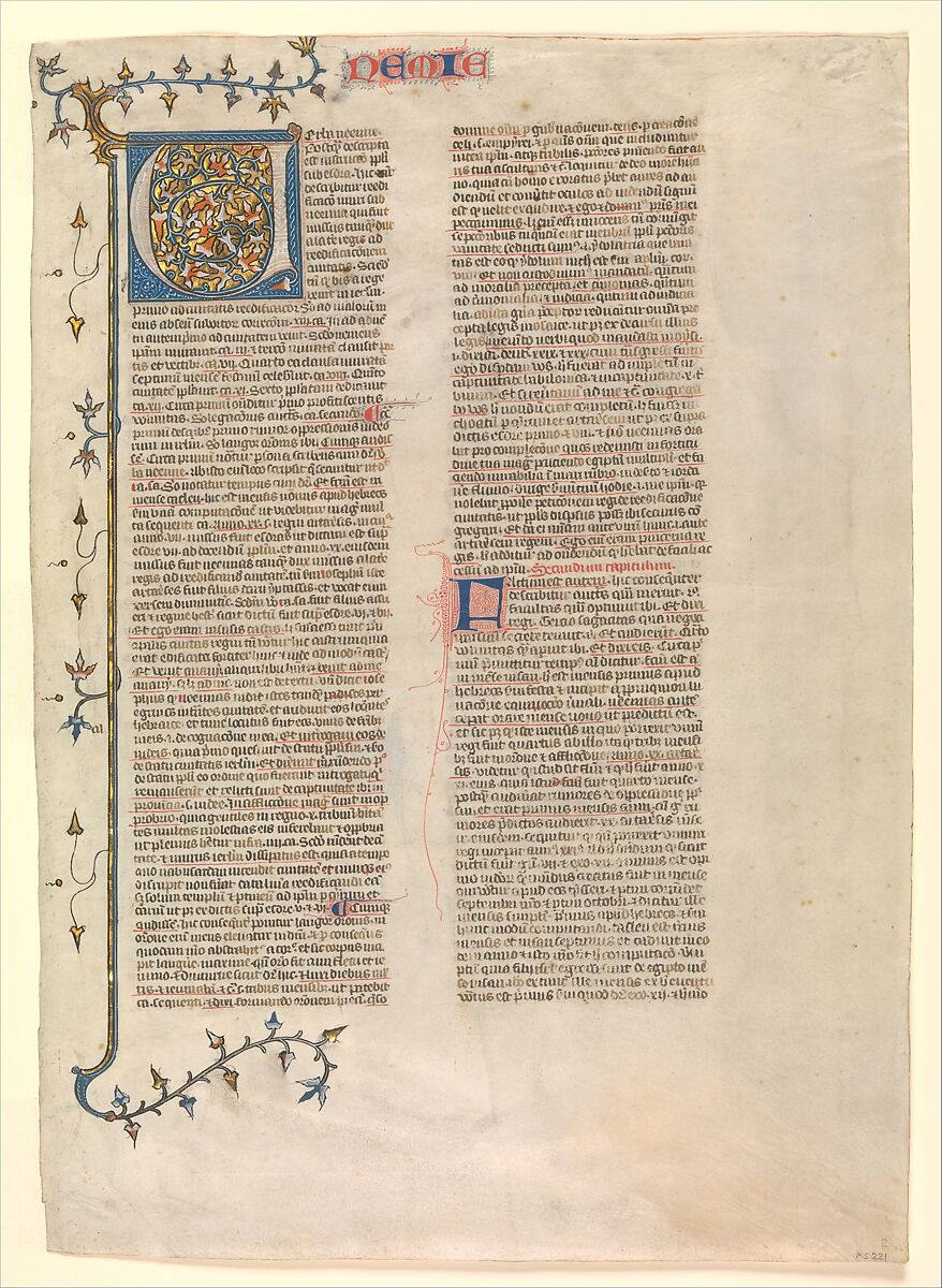 Initial "V" from the commentary of Nehemiah, one of six illustrated leaves from the Postilla Litteralis (Literal Commentary) of Nicholas of Lyra, Opaque watercolor, iron-gall ink and gold on vellum, French 