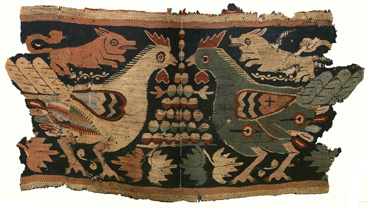 Fragment of Wall Hanging with confronted cocks and running dogs, Wool and linen, Coptic