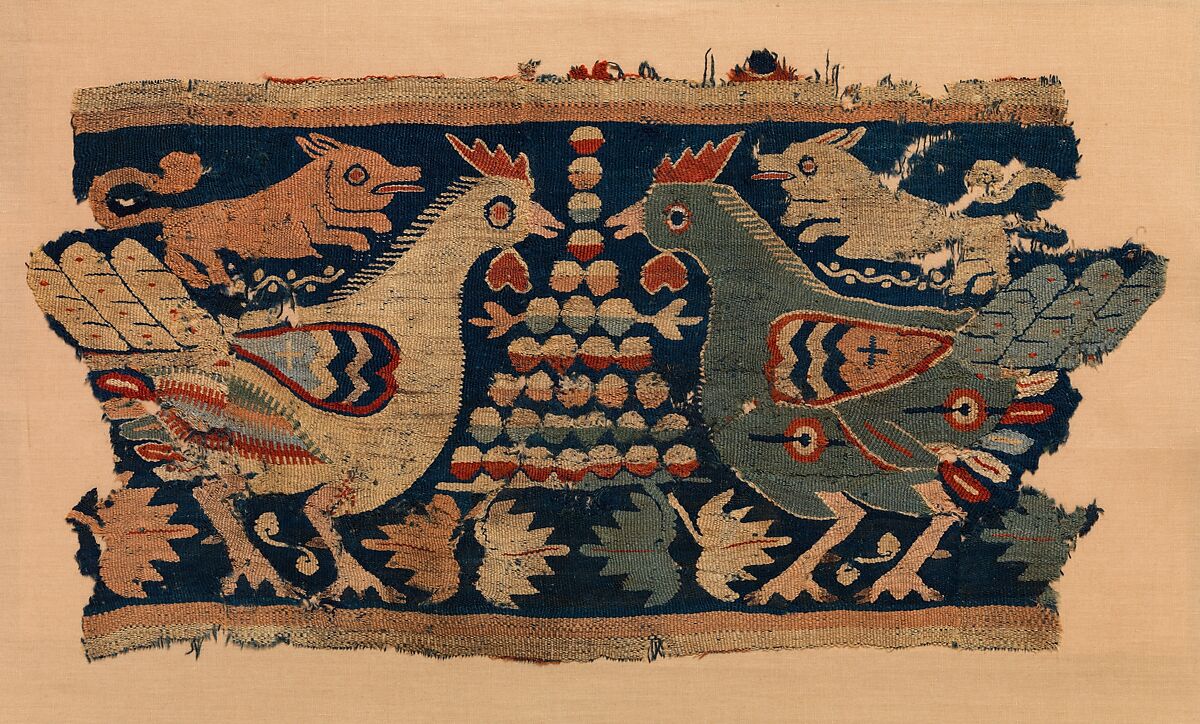 Fragment of Wall Hanging with confronted cocks and running dogs, Wool and linen, Coptic 