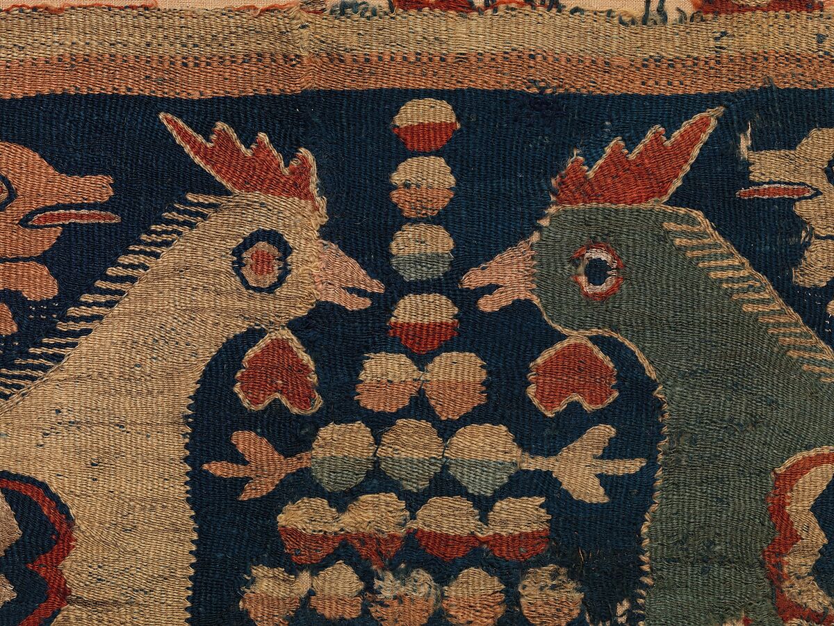 Fragment of Wall Hanging with confronted cocks and running dogs, Wool and linen, Coptic