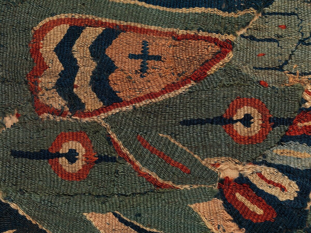 Fragment of Wall Hanging with confronted cocks and running dogs, Wool and linen, Coptic